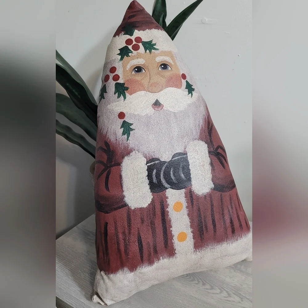 Vintage Santa Claus Hand Painted Oil Cloth canvas Stuffed Holiday Throw Pillow